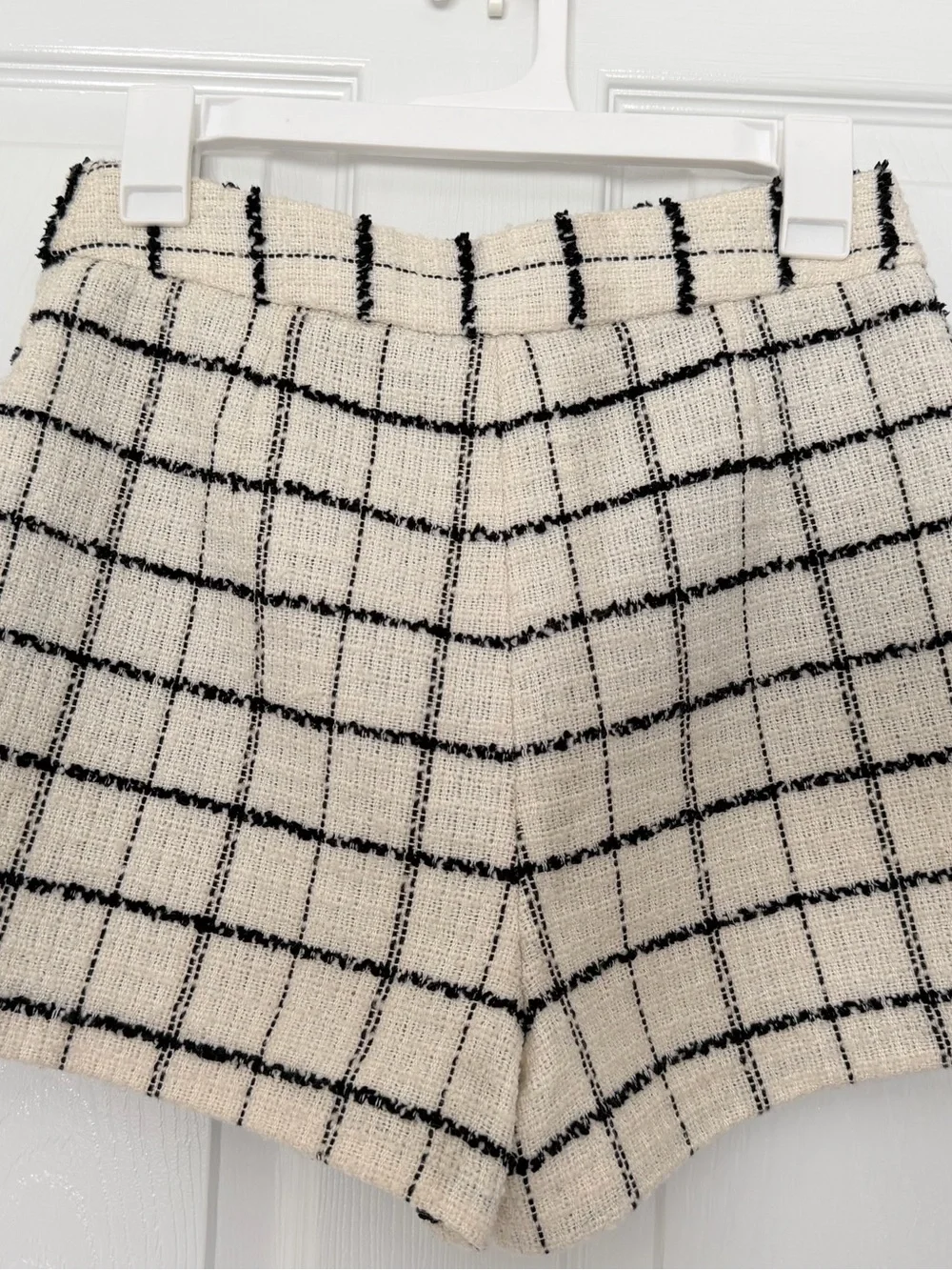 Zara High Waisted Tweed Check Bermuda Shorts Wool Blend Ivory Black S